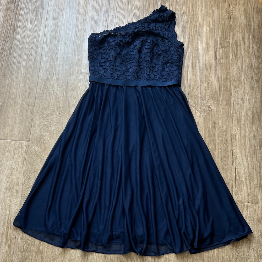 David’s Bridal Women’s Navy Blue Lace One-Shoulder Fit & Flare Dress Size 2